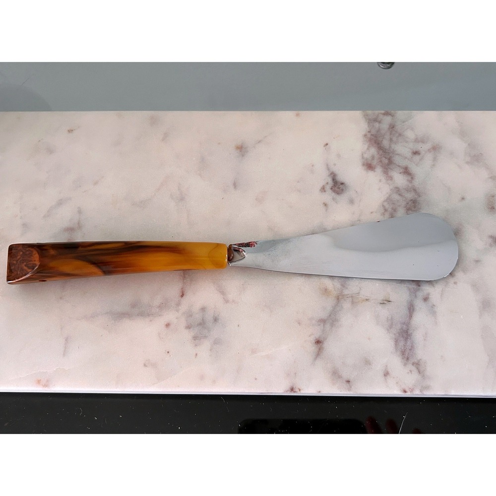 Vintage Marbled Bakelite Handle Shoe Horn Amber Brown Metal 10 Inch
